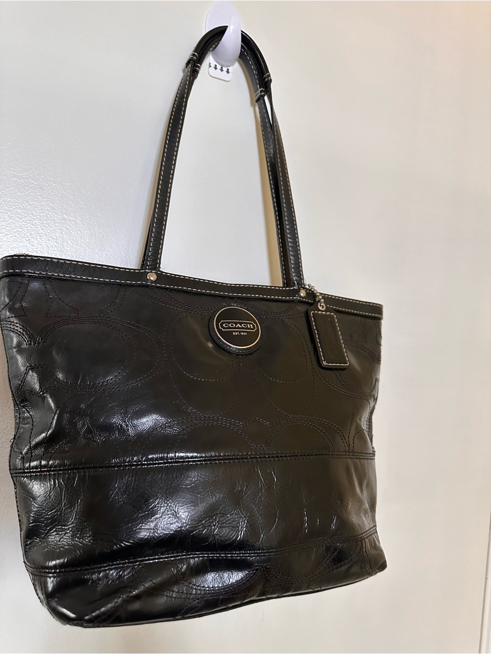 Y2K Coach Black Leather Signature Tote with Top Handles